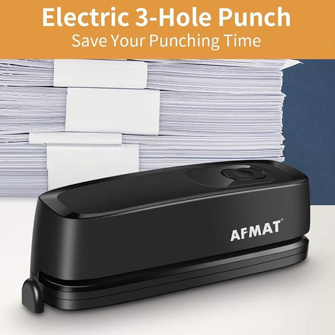 AFMAT HP01 3 Hole Punch, Electric Three Hole Punch Heavy Duty, 20-Sheet Punch Capacity, AC or Battery Operated, Effortless Punching, Long Lasting Paper Puncher for Office School Studio, Black