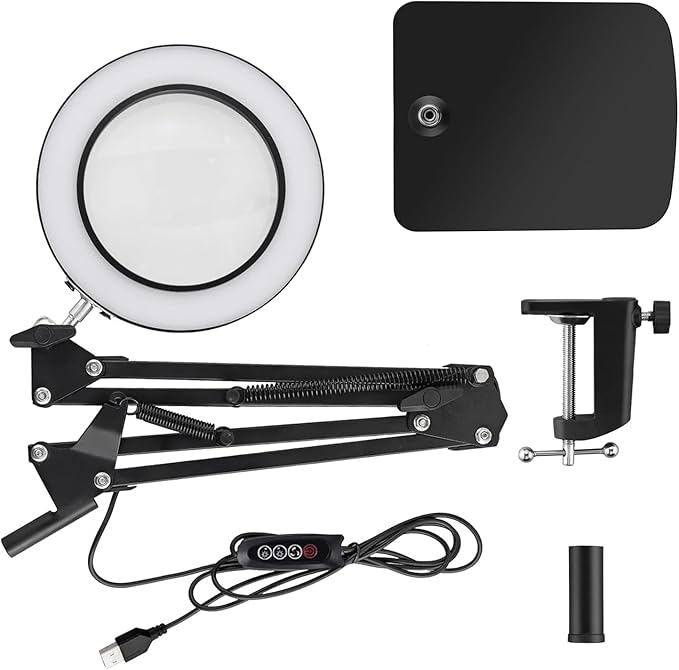 15X Magnifying Glass with Light, Table Lamp with Stand and Clamp, 2-in-1 LED Desk Lamp with Magnifier, 3 Color Modes, 72 LEDs, Real Glass Lens for Close Works, Craft, Hobby, Painting, Reading, Repair
