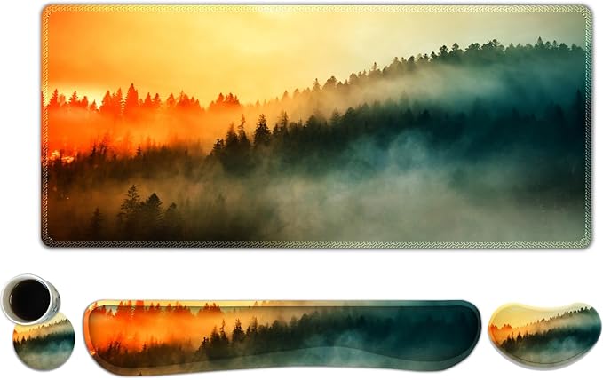 Keyboard Mouse Pad Set, Extended Gaming Mouse Pad +Keyboard Wrist Support +Mouse Wrist Rest +Coaster, 35.4x15.7 in XXL Large Ergonomic Desk Mat 4in1 Set for Home Office, Sunset Misty Forest