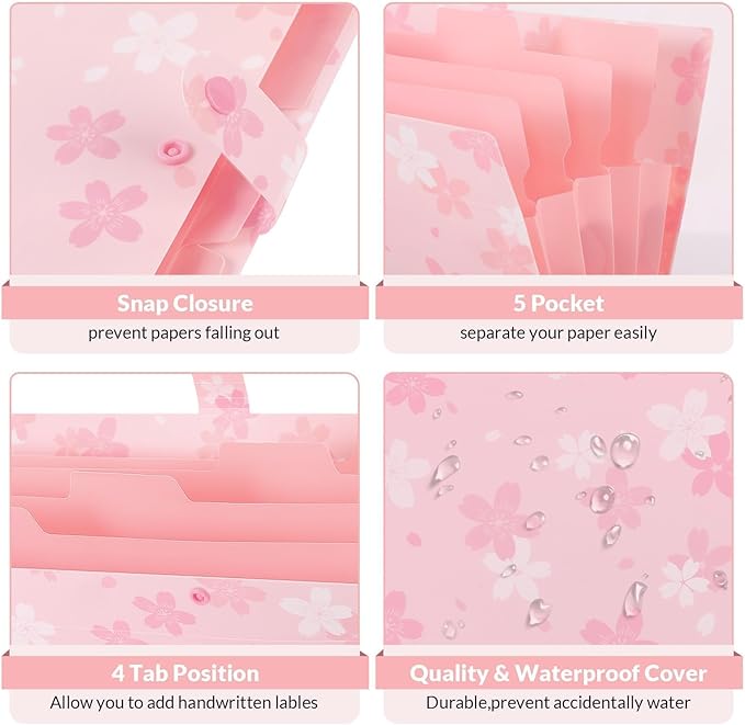 SKYDUE Pink Expanding File Folder with 5 Pockets, Cute Accordion File Organizer, Portable Receipt Paper Documents Organizer, Letter Size Filing Folder School Office Supplies
