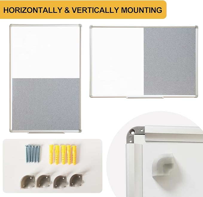 DEVELOP Grey Felt Bulletin & Magnetic Dry Erase Combo Board, 36 x 24 Inch Hanging Whiteboard/Grey Felt Bulletin Combination Board with Marker Tray, Pins, Eraser, Markers & Magnets