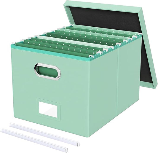Oterri File Organizer Box,Filing Box with Lid,File Box for Letter/Legal File Folder Storage, Portable Hanging File Box for Office/Decor/Home,1 Pack, Mint-green(Leather),Box only