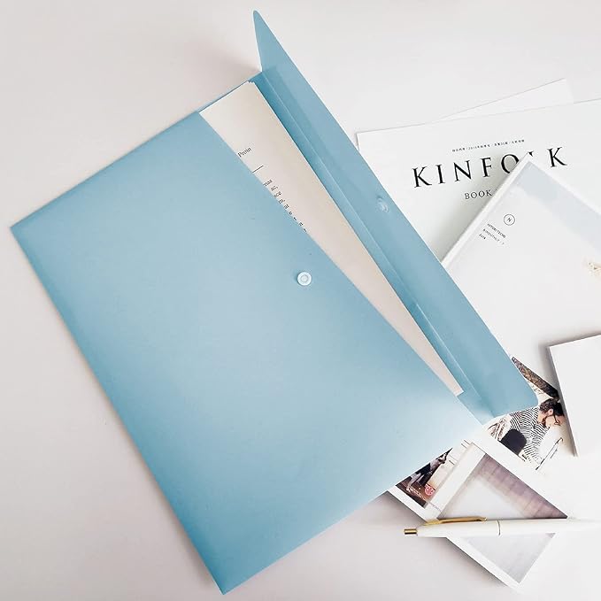 VANRA Poly File Folders Letter Size File Jackets Organizer Plastic Envelope A4 Flat Document Holder with Snap Button Closure (Pastel Blue, Pack of 5)