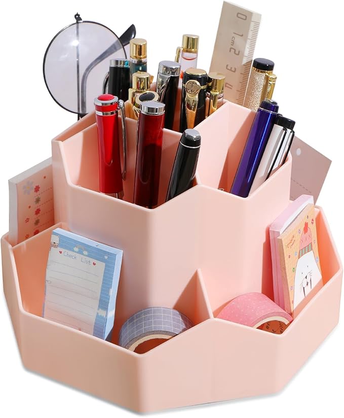 INSTOME Desktop Organizer with Pencil Holders,360°Rotating Pen Holder for Desk Organizer,9 Compartments and Makeup Brush Holders,Multifunctional Office Supplies for Home,Teachers and School (Pink)