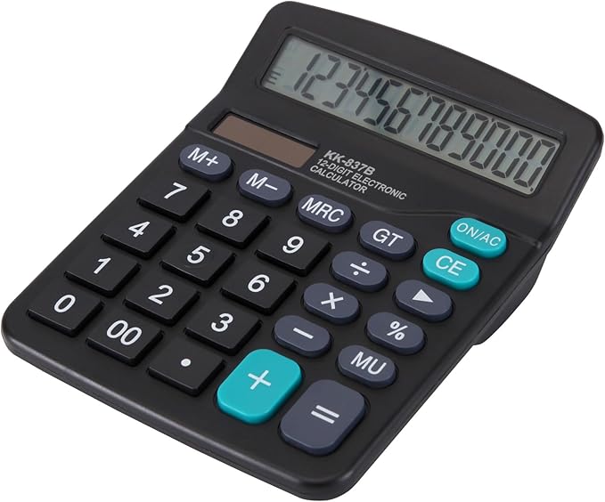 Desk Calculator 12 Digit Office Calculators with Large Screen Display, Dual Solar Power and Battery, Recessed Big Button Calculator for Office Home School (Black)