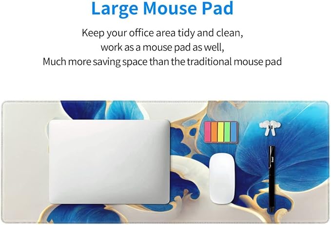 Desk Pad,Office Desk Mat 31.5"×11.8" Large Gaming Mouse Pad,Extended Computer Mouse Pad,Waterproof Thick Big Mouse Pads with Non-Slip Rubber Base Office Home Blue White Marble Flower