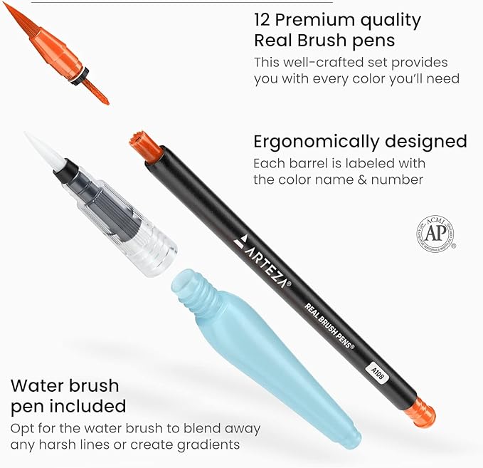 ARTEZA Real Brush Pens, 12 Watercolor Pens, Drawing Markers with Flexible Brush Tips, Watercolor Markers for Artists, and Beginners