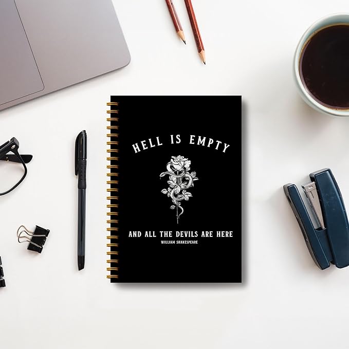 Hell is Empty Shakespeare Quote Dark Academia Aesthetic Notebook Journal, Gothic Floral Snake Notebook Journal, Gothic Gifts for Women, Goth Office Supplies, Spiral Notebook 5.5x8.3 Inch