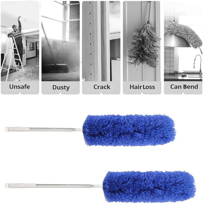 Ceiling Fan Feather Duster with Extension Pole, Cobweb & Corner Brush for Cleaning, Long Handle Aluminum Telescoping Pole, Washable, Blue, 250cm