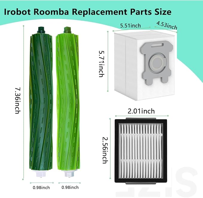 Replacement Parts & Accessories for iRobot Roomba E, I & J Series, Combo i5, j5 Series e5 e6 i1 i2 i3 i4 i5 i6 i7 i8 j5 j6 j7 j8 Vacuum Cleaner, 2 Set Rubber Brushes 2 HEPA Filters 2 Dust bags