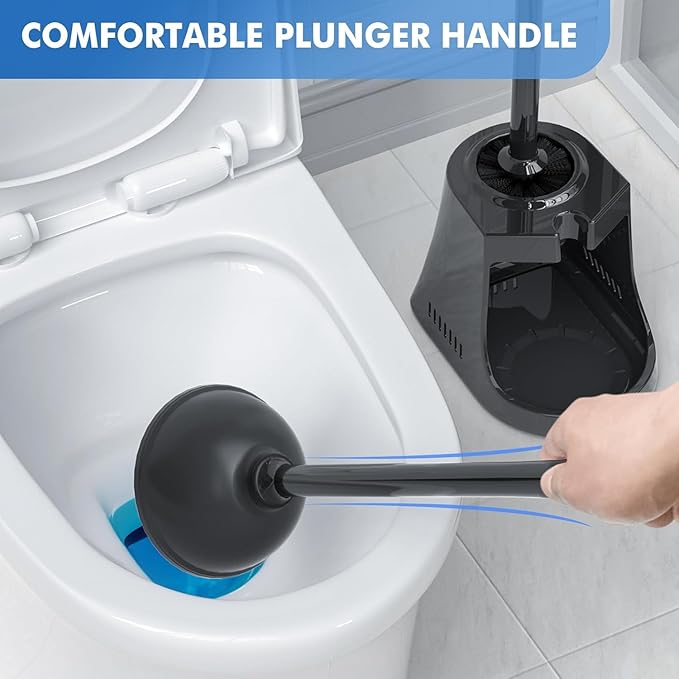 Toilet Plunger and Brush with Holder, Bowl Brush and Heavy Duty Toilet Plunger Set with Ventilated Holder, 2-in-1 Toilet Brush and Plunger Combo for 5.3-inch Toilet Drain New Pack