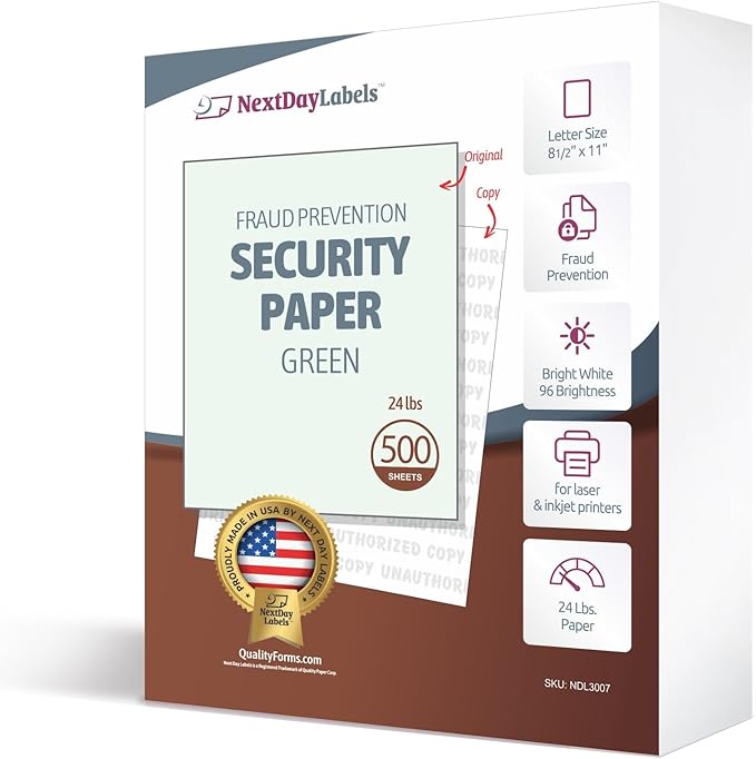 NextDayLabels Green Security Paper – Multi-Purpose – UNAUTHORIZED COPY – Fraud Prevention – Laser & Inkjet Printer Compatible – 8.5" x 11“ – 24 lb – 500 Sheets