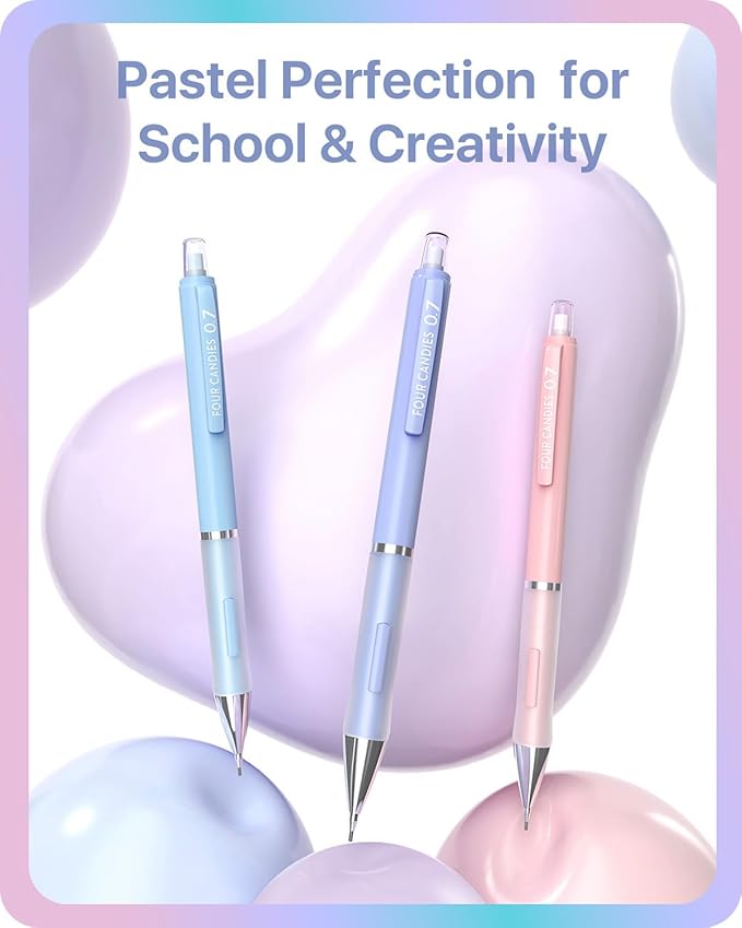 Four Candies Cute Mechanical Pencils 0.5 mm, Pencil Set with 360PCS Lead Refills & Pastel Erasers, School Supplies with Case