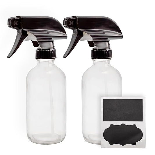 Cornucopia Brands 8-Ounce Clear Glass Spray Bottles (2-Pack); Boston Round Bottles w/ 3-Setting Adjustable Black Heavy Duty Sprayers & Chalk Labels