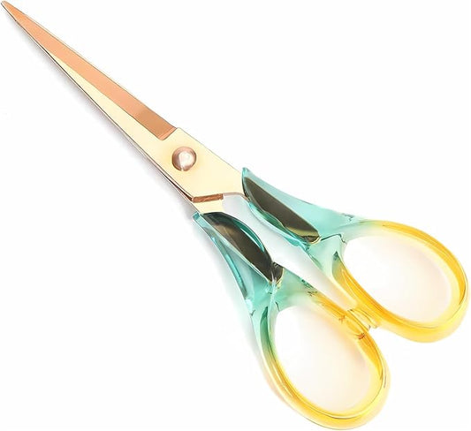Gold Scissors, Stainless Steel Blade with Acrylic Handle, All Purpose Scissor for Office, School, Home, Fabric Shears, Tijeras (6.3" Yellow Green)