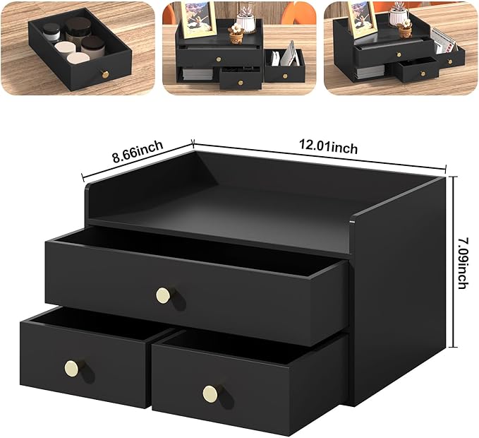 Bamboo Desk Organizer with Drawers Wooden Desktop Storage Organization Box for Bills Office Supplies Kitchen Utensils Organizing Tool for Home Classroom Vanity, No Assembly Required (3 Drawers, Black)