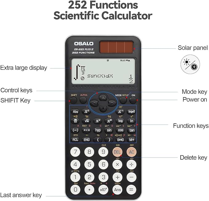 OSALO Scientific Calculator 252 Functions 2-line Written Display & Battery Solar Calculators for Secondary Students (OS-82ES-2)