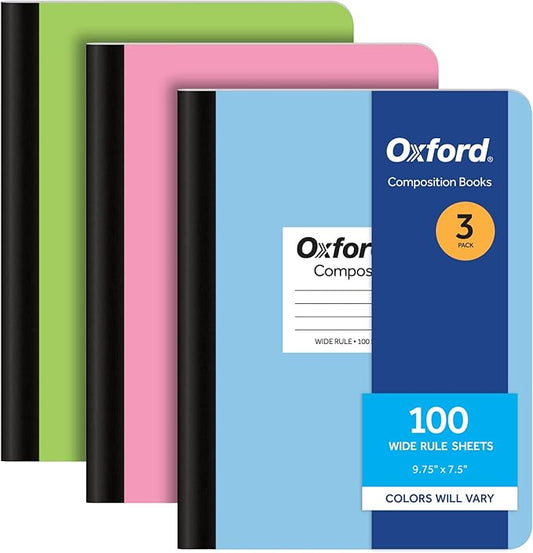 Oxford Composition Notebooks, 3 Pack, Cover Colors Vary, Wide Ruled Paper, 9-3/4 x 7-1/2 Inch School Journals, Assorted Pastel Covers, 100 Sheets per Book (1002519)