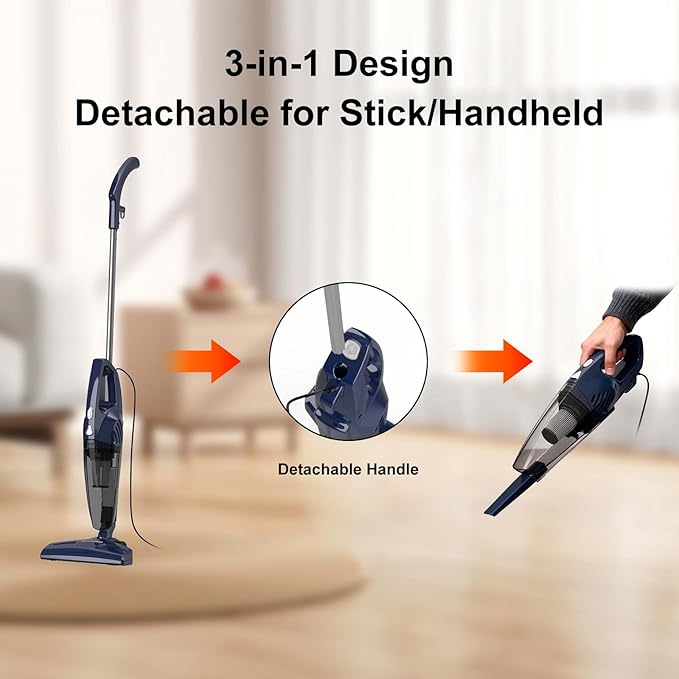 Sancorp Corded Stick Vacuum Cleaner, 3-in-1 Detachable to Handheld with 180°Left-Right Steering, 14KPA Powerful Suction for Pet Hair on Hard Floors, HEPA Filter, Lightweight with 16.4ft Long Cord