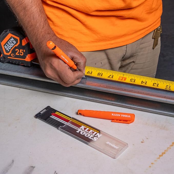 Klein Tools 86501 Skribes 2.8 mm Mechanical Carpenter Pencil with Built-In Sharpener, 4 Refills, and Deep Hole Marking for Woodworking and Construction