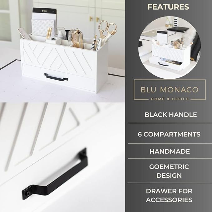 BLU MONACO Stylish White Wooden Pen Holder for Desk: Keep Pens, Markers, and More Organized. With 6 Storage Compartments and a Drawer. Pencil Holder, Marker Storage, and Desk Organizers