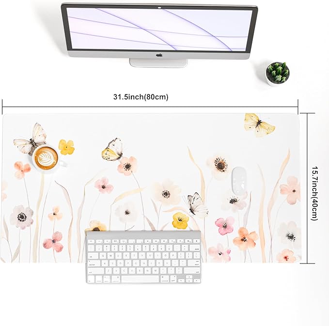 Colorful Star Large Mouse Pad, Watercolor Floral Desk Mat Office Supplies, Waterproof PU Leather Gaming Mousepad for Women Girls, Butterflies Desk Pad Home Office Décor Accessories 31.5" x 15.7"