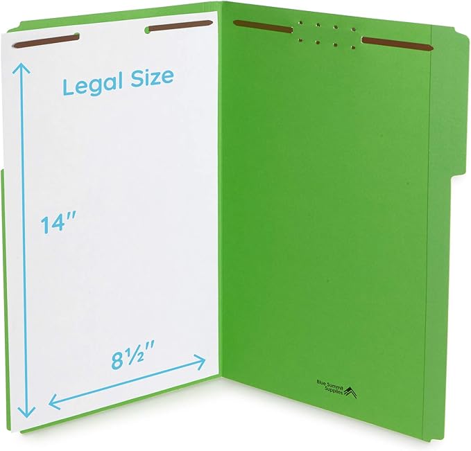 Blue Summit Supplies Green File Folders with Fasteners, Legal Size, 1/3 Cut Reinforced Tabs, Durable 2 Prongs, Designed to Organize Standard Medical or Law Files, 50 Pack