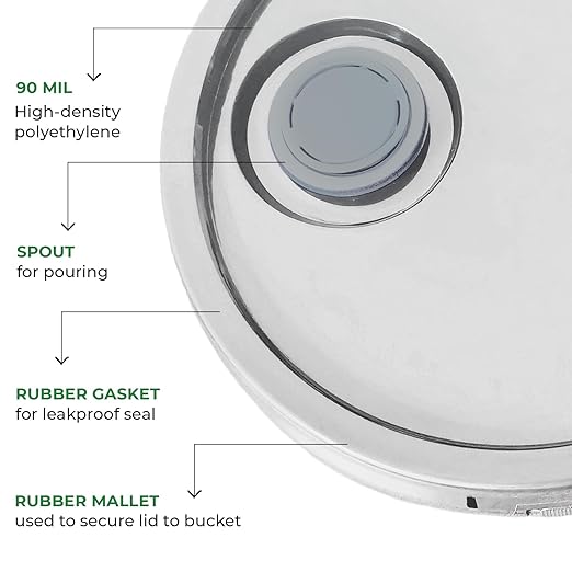 5-Gallon White Bucket Pail with Spout Lid, Metal Handles with Plastic Grip for Easy Carrying, Easy Stack and Store, Heavy-Duty Extra Durable, Food Grade, BPA Free - 1 Pack