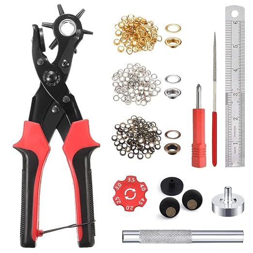 Leather Hole Punch Tool for Belt - Multi Hole Sizes Puncher for Belts, Watch Bands, Straps, Dog Collars, Saddles, Shoes, Fabric, DIY Home or Craft Projects - with 5/32" Grommet Eyelet Kit 100 Sets