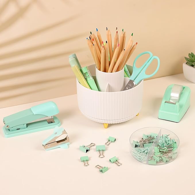 SKYDUE Teal Office Supplies Set, Office Desk Accessories 10Pcs, Pencil Holder for Desk, Stapler, Tape Dispenser, Scissors, Clips and 1000pcs Staples, School Supplies for Teacher