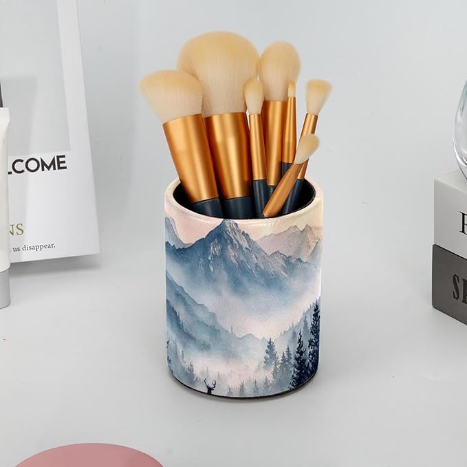 Watercolor Mountain Deer PVC Leather Circular Pencil Holder for Desk Organizer Stationery Holder for Office, School(3.9 x 3.1 Inches)