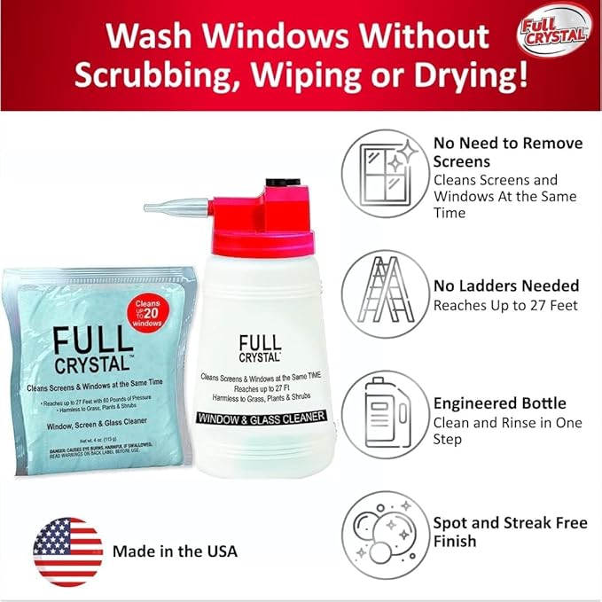 Full Crystal Window Cleaning Kit- 8 oz Glass Cleaner and Bottle with 27ft Reach will clean up to 40 Windows- Scrub Free, Rinse Free Glass Cleaner Spray Removes Dirt, Grime and Water Deposits
