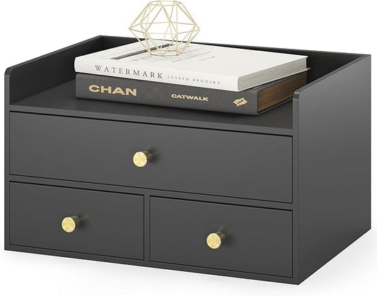 Bamboo Desk Organizer with Drawers Wooden Desktop Storage Drawers for Bills Office Supplies Kitchen Utensils Organizing Tool for Home Classroom Organization No Assembly (3 Drawers, Black)