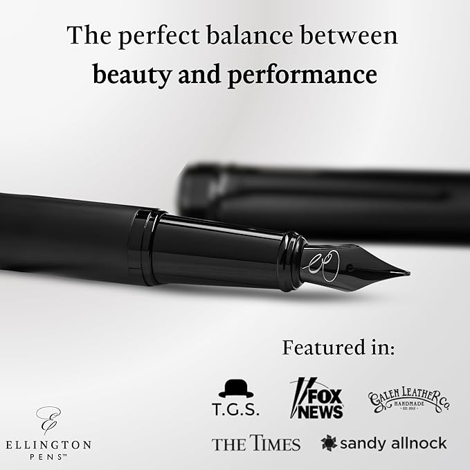 Ellington Pens Luxury Fountain Pen Set - Smooth Medium Nib - Includes 3 Ink Cartridges, Refillable Ink Converter, Gift Box - Fountain Pens For Writing, Calligraphy, Journaling, Sketching (The Stealth)
