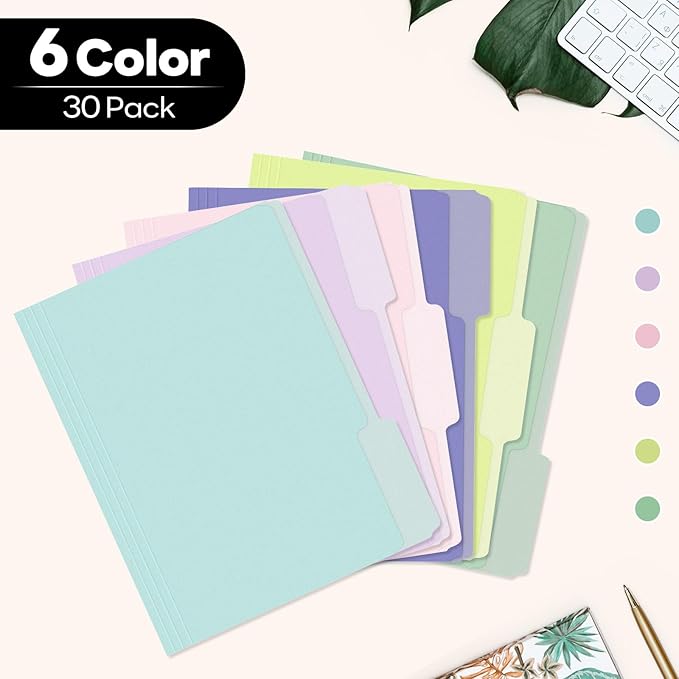 Piasoenc Color File Folders Set of 30, 1/3 Cut Tab, Letter Size Folder for 8.5 x 11 Documents Files, Assorted 6 Colors Filing for Office School Business