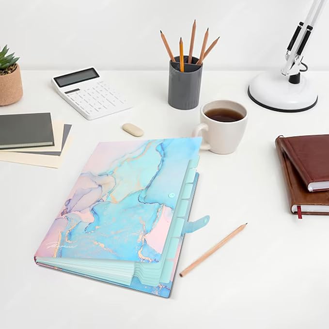 Expanding File Folder, Folders for Important Documents Organizer, Accordion File Organizer, Aesthetic Folders for School Students, 8 Pockets File Folder for Home Bills (Cyan Gold Marble)