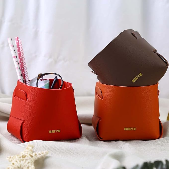Bieye LSB004 Collapsible Leather Storage Bin Decorative Desk Organizer for Jewelry Makeup Pen Pencil Glasses Remote Controller Storage (Red, 4" WX4 LX4 H)