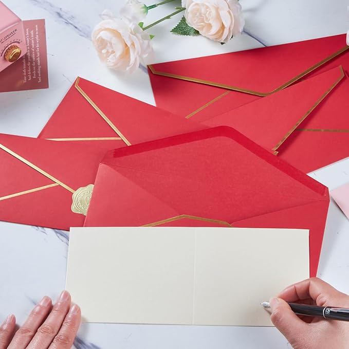 30 Pack Thick #10 Business Envelopes with Gold Border, 4 1/8 x 9 1/2 Thick Paper Standard Envelopes with Stickers for Office, Checks, Letter Mailing, Invoices (Red)