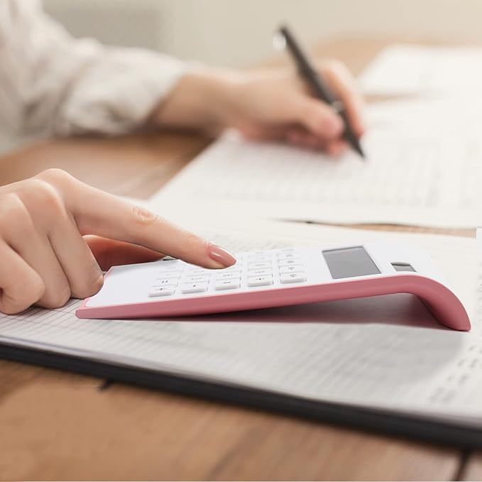 Pink Office Calculator, 10 Digits Solar Battery Basic Desktop With Large LCD Display, School and Office Supplies and Accessories