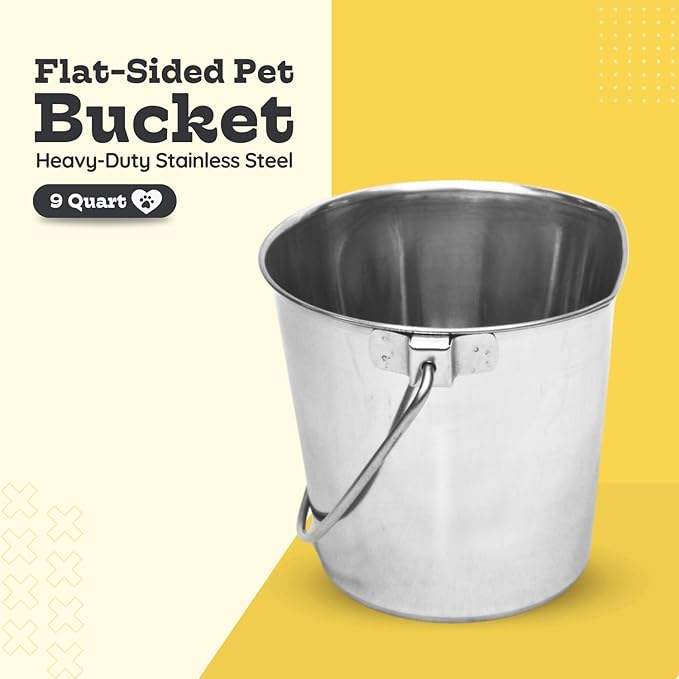 9 Quart Stainless Steel Flat Side Bucket | Durable Heavy Duty Food & Water Feeding Pails for Dog Goat Sheep horse | Fits kennels Cage Critter Crates Hanging Pet Pail | Multipurpose Bucket