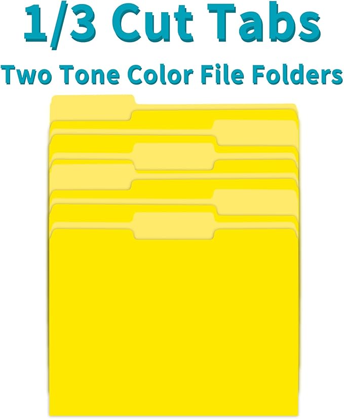 Two Tone Color File Folder 8.5 x 11 Inch,100 Packs Yellow File Folders,1/3 Cut Tab File Folder Letter Size, Assorted Colors,Manila File Folders for Office,School and Home,Organization