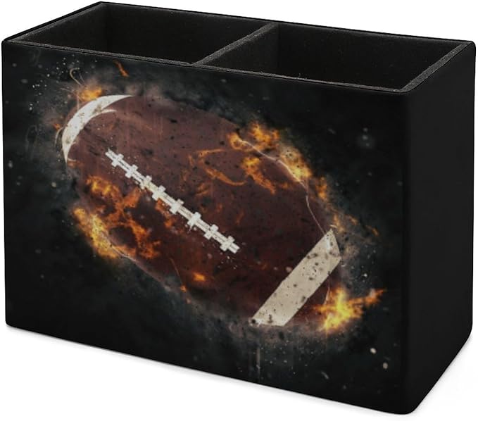Pen Holder, Pencil Holder for Desk Organizer, America Football Fire PU Leather Pencil Cups Desktop Stationery Storage Makeup Brush Holder Pen Organizer for Office Home