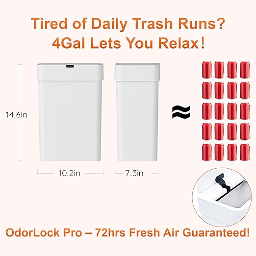 4Gallon Motion Sensor Trash Cans,Bathroom Trash Can with Lid,IPX5 Waterproof for Kitchen/Bedroom/Office, Slim Space-Saving Odor-Proof Bin with 0.2s Silent Lid