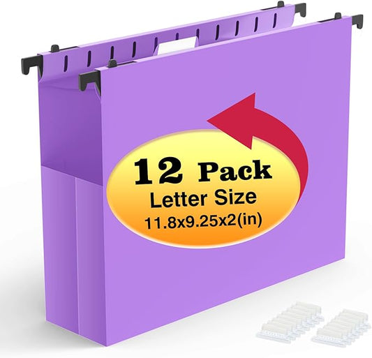 Extra Capacity Plastic Hanging File Folders,12 Pack Reinforced Expanding Hang Folder Letter Size,Accordian Pocket,Heavy Duty 2 Inch Expansion,Hanging Folder Organizer for Office Home,Purple