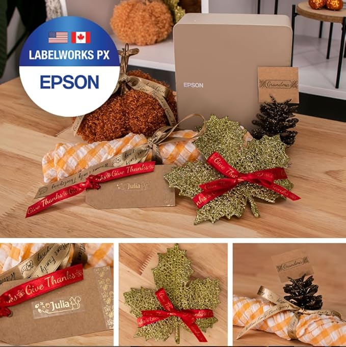 LABELWORKS Epson LW-C610PX Christmas Crafter Bundle - Label Maker and Brown Crafter Paper Tape and Red Ribbon