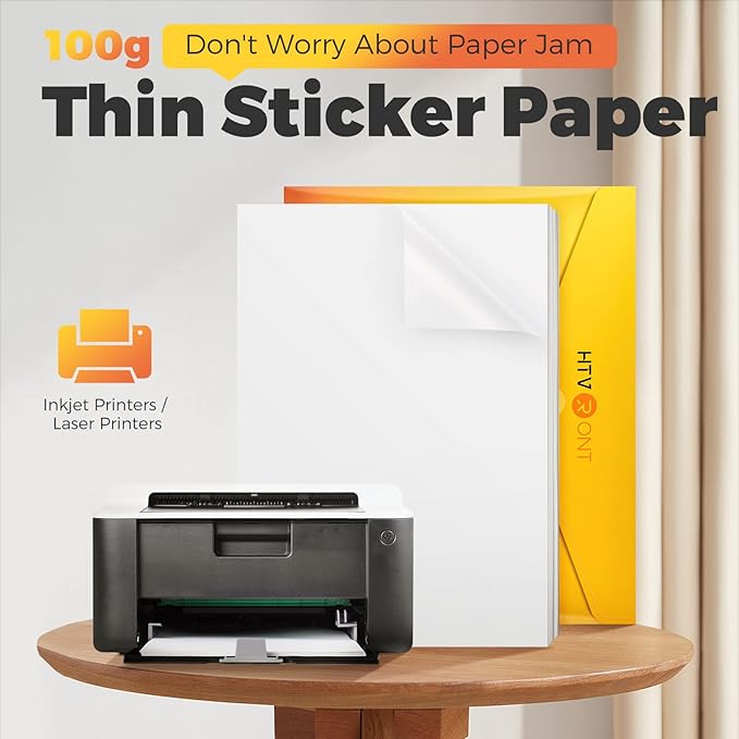 HTVRONT Printable Vinyl Sticker Paper, 100 Sheets Matte Waterproof Sticker Paper For Inkjet Printer & Laser Printer, Dries Quickly-Standard Letter Size 8.5"X11"