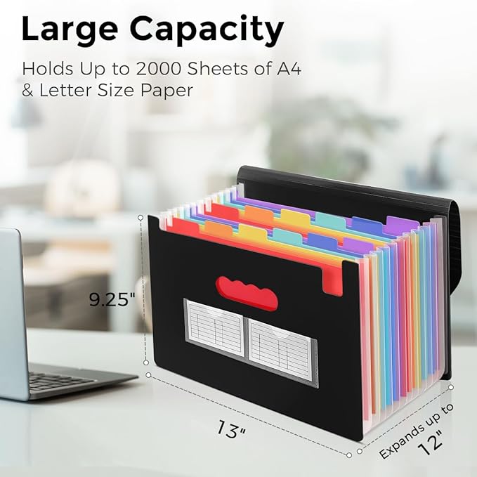 SKYDUE Accordion File Organizer, 13 Pocket File Folder Organizer with Colorful Tabs, Expanding Document Organizer for Letter A4 Size for Office School Use Black