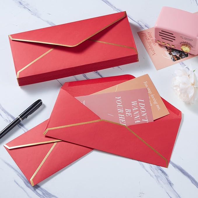 30 Pack Thick #10 Business Envelopes with Gold Border, 4 1/8 x 9 1/2 Thick Paper Standard Envelopes with Stickers for Office, Checks, Letter Mailing, Invoices (Red)