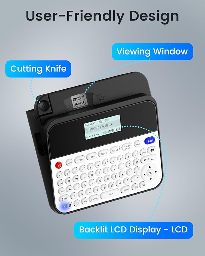 3/4 Inch Label Maker Machine with-Tape Waterproof, D480BT Bluetooth Rechargeable Label Maker Large Print with Keyboard, Connect PC & Phone, Backlit Screen, Create Via BZ Label 9mm~18mm