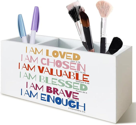 Colorful Inspirational Pen Holder for Desk Accessories,Christian Inspirational Wooden Box Sign Desk Decor for Classroom Office Decoration,Positive Bible pencil Organizer Women Gifts